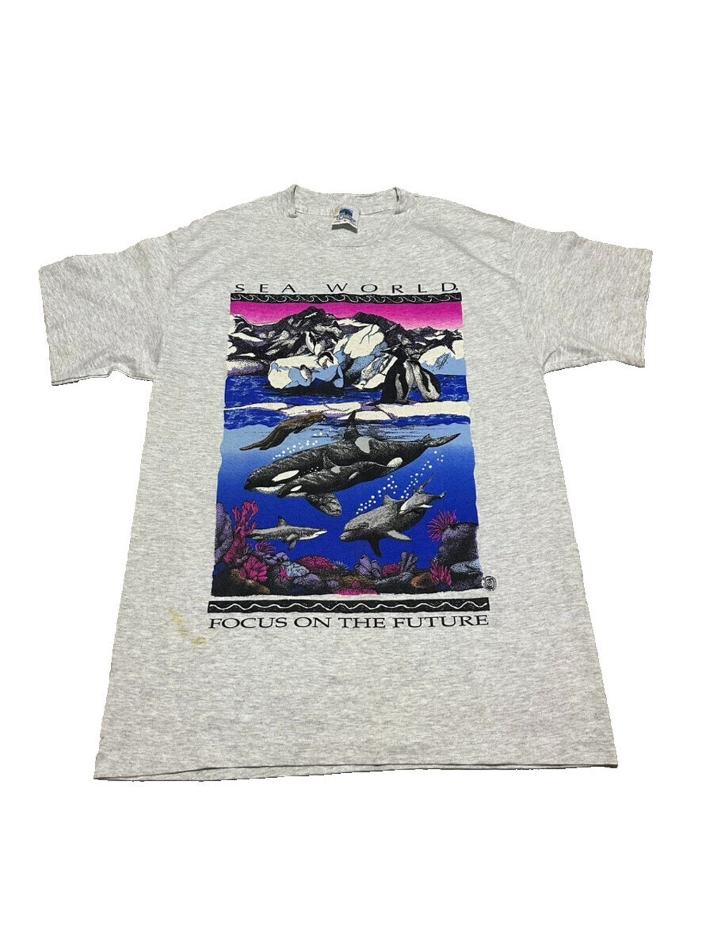 Vintage 90s Shamu Sea World T Shirt Medium Whale Orca Dolphin Nature Marine Gray